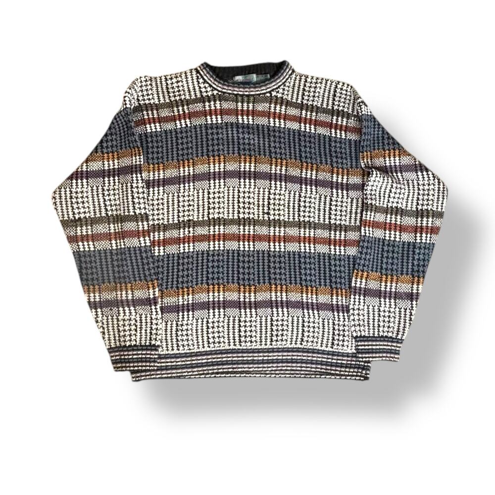 Vintage 90s Multicolor Houndstooth Plaid Knit Pullover Crewneck Sweater Large